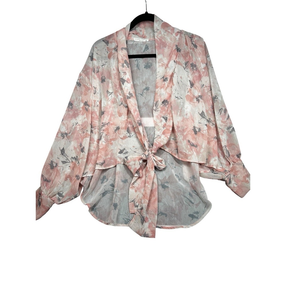 Final Touch Sheer Floral Kimono Medium Pink Gray Tie Front Boho Layering Top